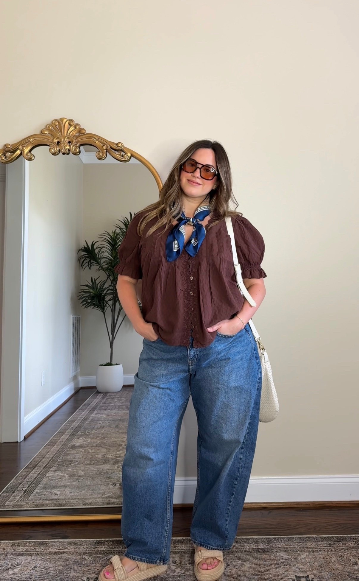 Code: DENIMAF for stackable 15% off and get free shipping with any denim purchase! @abercrombie 

Jeans are barrel leg, regular length, size 32 but could have done a 30 or 31- I like them loose especially during my postpartum era.

Top is a large and perfection.

Sandals are my favs from @Steve Madden US

#LTKootd #LTKSaleAlert #LTKMidsize