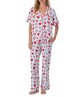 Short Sleeve Notch Collar Cozy Jersey Knit Heart Striped Print Long Pajama Set | Dillard's