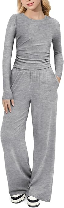 Arshiner Girls 2 Piece Set Fall Outfits Lounge Sets Ruched Long Sleeve Top Wide Leg Pants Sweatsu... | Amazon (US)