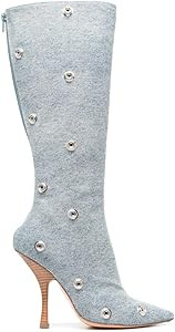 Arqa Womens Stiletto Heel Knee High Boots Pointed Toe Applique Denim Boot with Zipper Silver Butt... | Amazon (US)