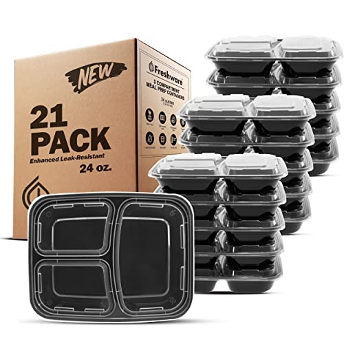 Freshware Meal Prep Containers 21 Count (Pack of 1), 3 Compartment with Lids, Food Storage Containers, Bento Box, Stackable, Microwave/Dishwasher/Freezer Safe (24 oz) | Amazon (US)