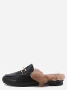 Black Faux Leather Fur Lined Slippers | Romwe