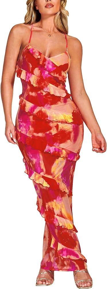 Milumia Women's Tie Dye Ruffle Trim Backless Long Cami Dress Elegant Sleeveless Bodycon Maxi Dres... | Amazon (US)