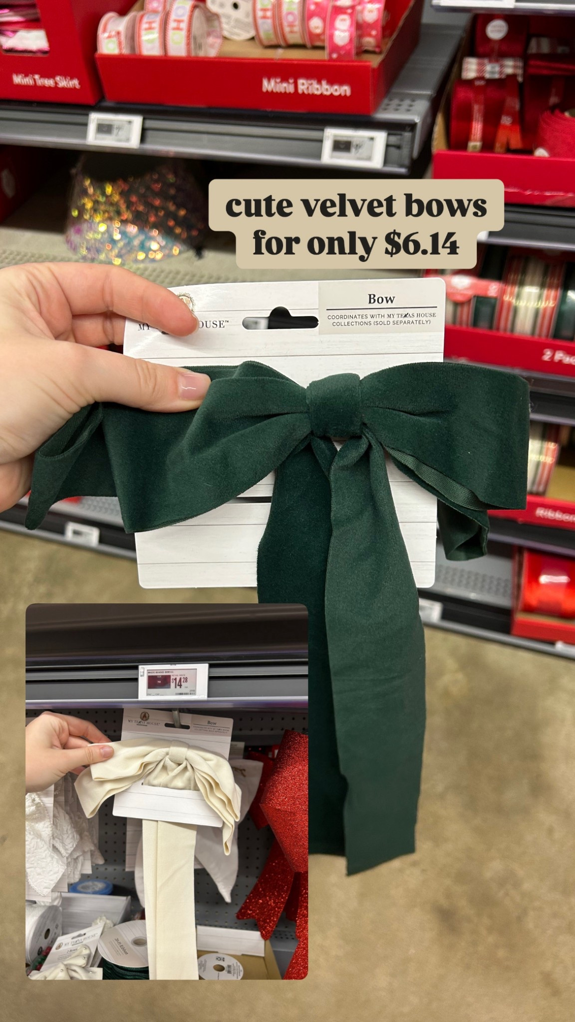 Velvet bows from walmart, $6 each, green velvet bow, red velvet bow, cream velvet bow

#LTKFindsUnder50 #LTKHome #LTKHoliday