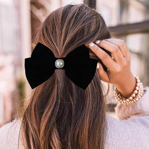 Jugielu Vintage Black Velvet Bow Hair Barrettes Black Satin Bow Pearl Hair Clips Velvet Satin Bow Hairclips French Ribbon Bowknot Hair Clips Large Bow Hair Accessories for Women Headdress | Amazon (US)
