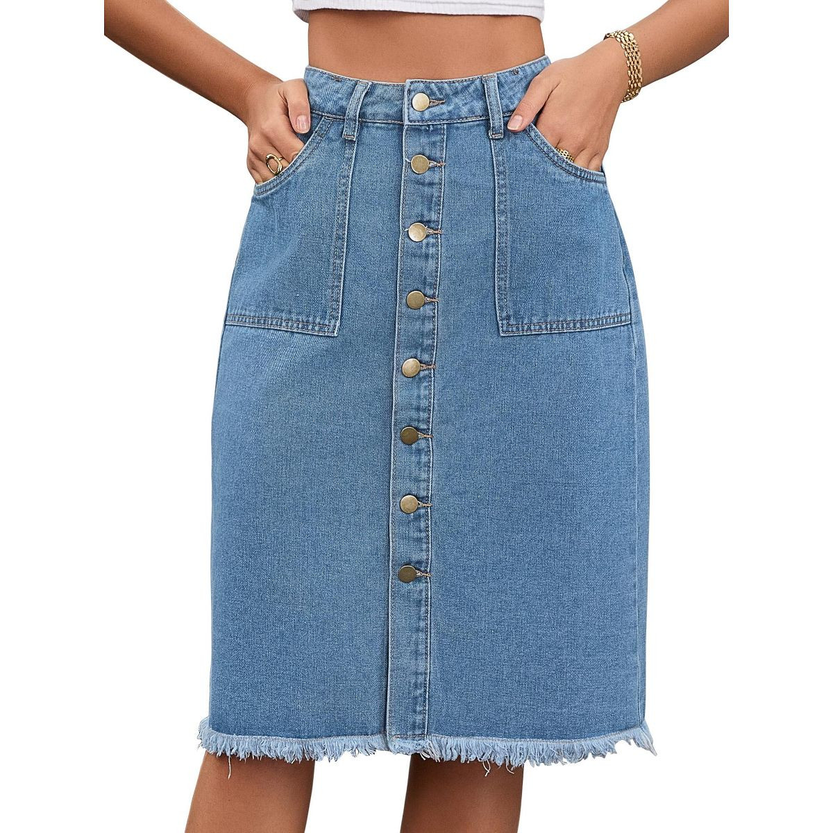 INSPIRE CHIC Women's Denim Button Down High Waist with Pockets H-Line Midi Skirts Blue XX-Large | Target