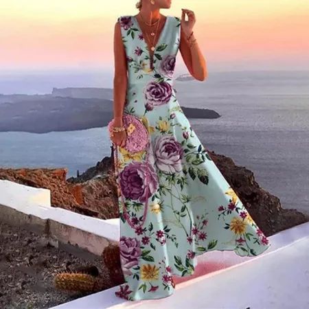 FREE SHIPPING-women dresses floral dress Green Fashion Casual floral dress Sleeveless V Neck Printed | Walmart (US)