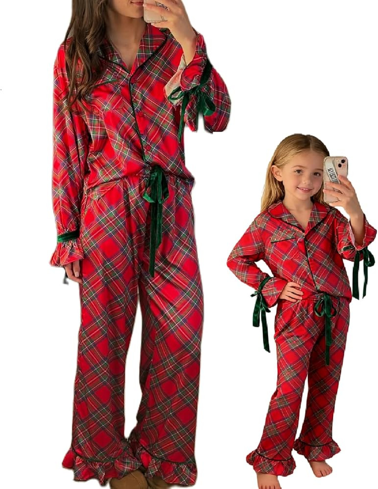 Muineobuka Mommy and Me Christmas Pajamas Set Bow Tie Plaid Santa Xmas Holiday Matching Pjs Set L... | Amazon (US)