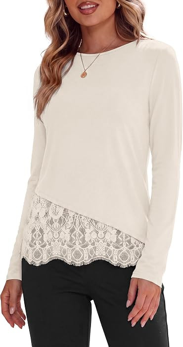 PRETTYGARDEN Women's Lace Patchwork Long Sleeve Shirts | Amazon (US)