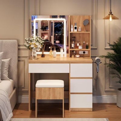 Vanity Desk w/ Mirror & LED Lights, 4 Drawers, Power Outlet, Stool, 3 Lighting Modes - Makeup Dressing Table for Bedroom | Target