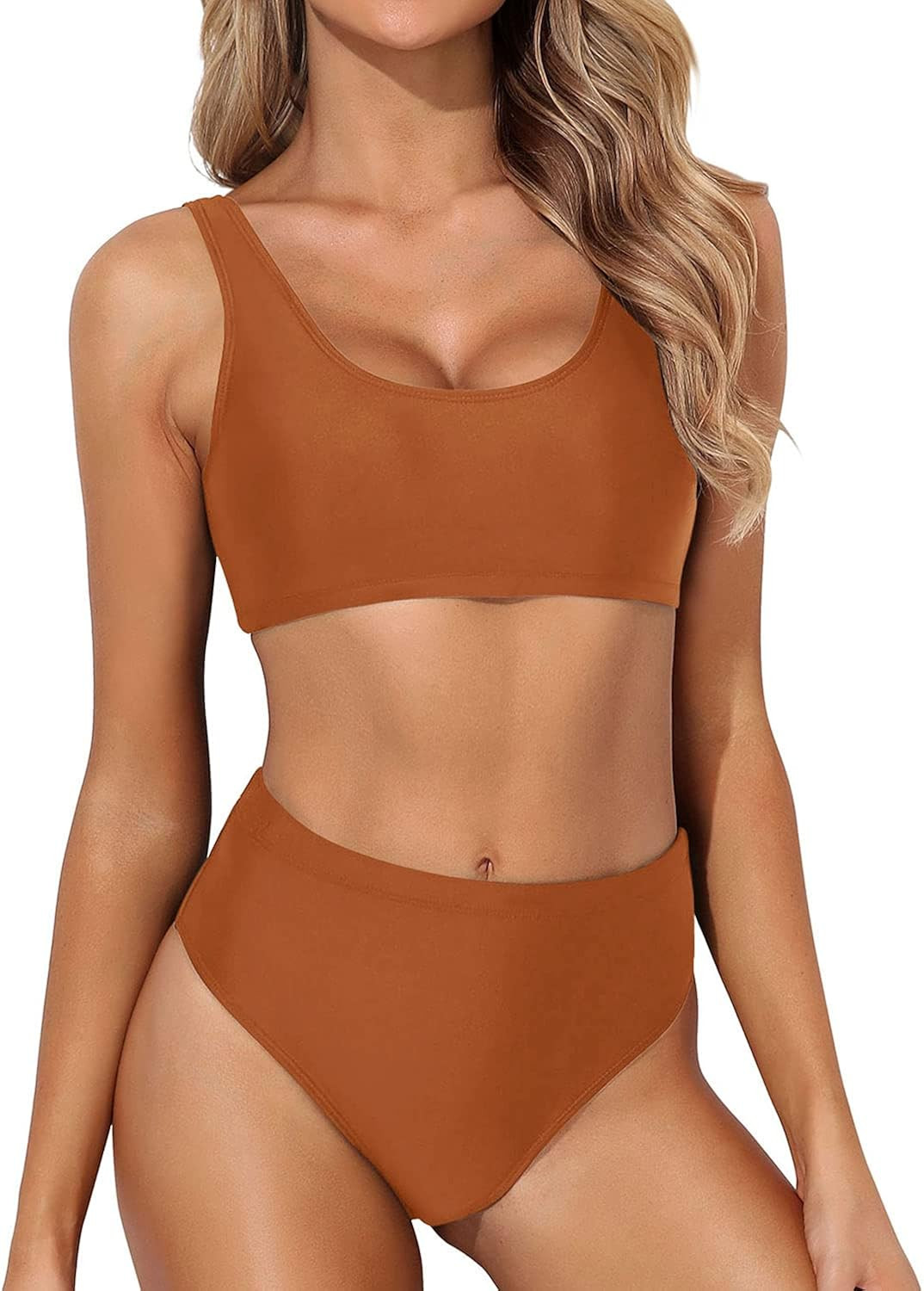 Tempt Me Women Two Piece Scoop Neck Bikini Crop Top High Cut Swimsuit Sporty High Waisted Bathing Su | Amazon (US)