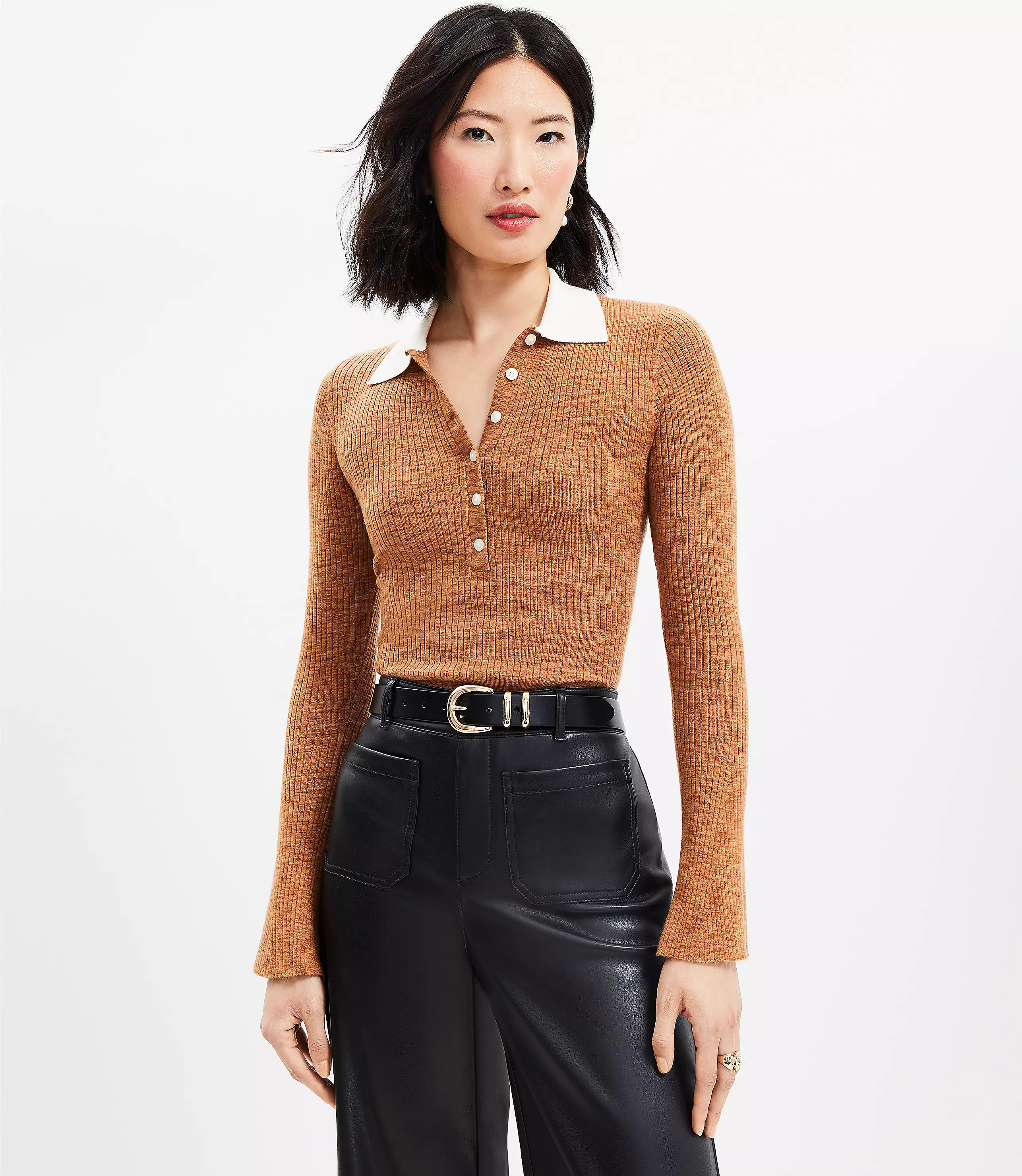 Two Tone Ribbed Polo Sweater | LOFT