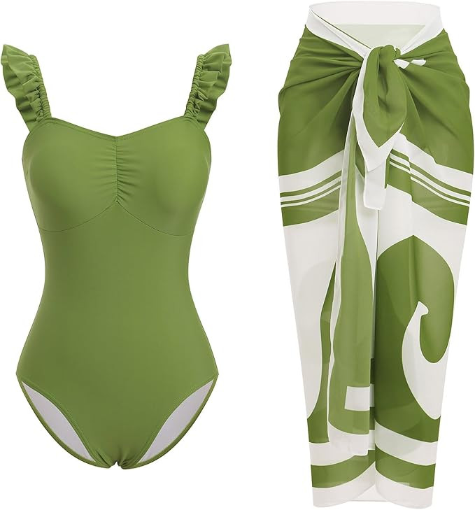 IDOPIP Women's One Piece Swimsuit with Beach Cover up Wrap Skirt Sarong Retro Floral Print Bikini... | Amazon (US)