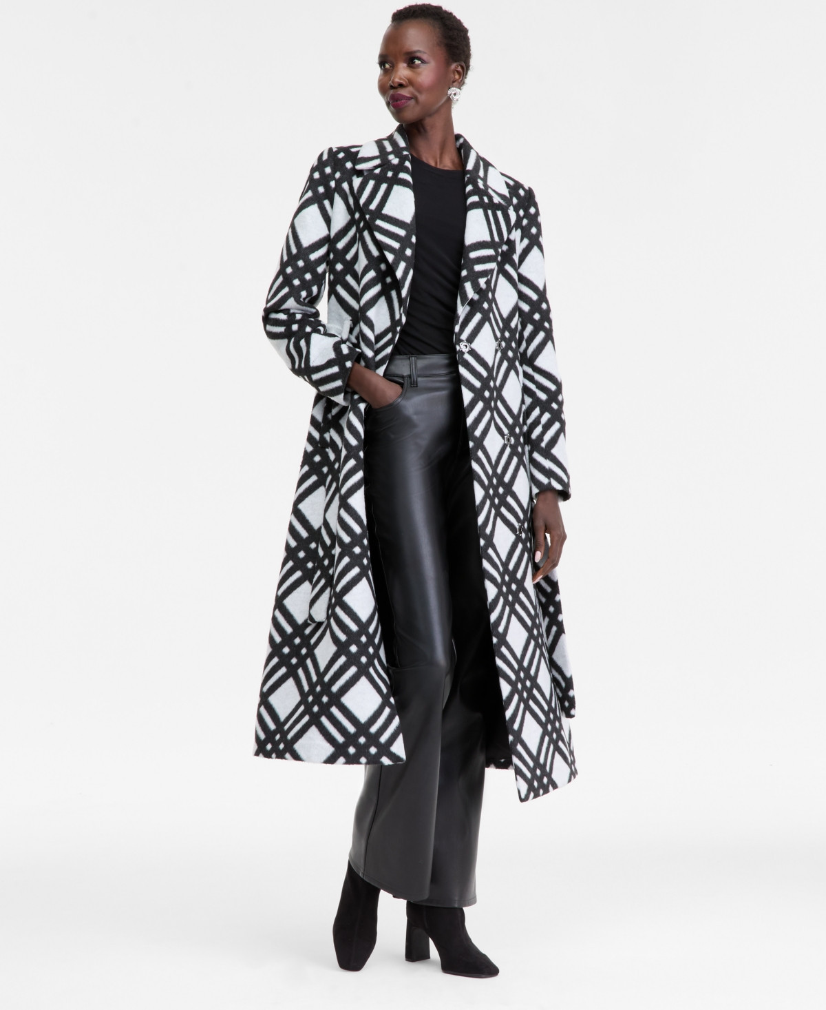 I.n.c. International Concepts Women's Belted Plaid Coat, Macy's Exclusive - Bright Wht | Macy's