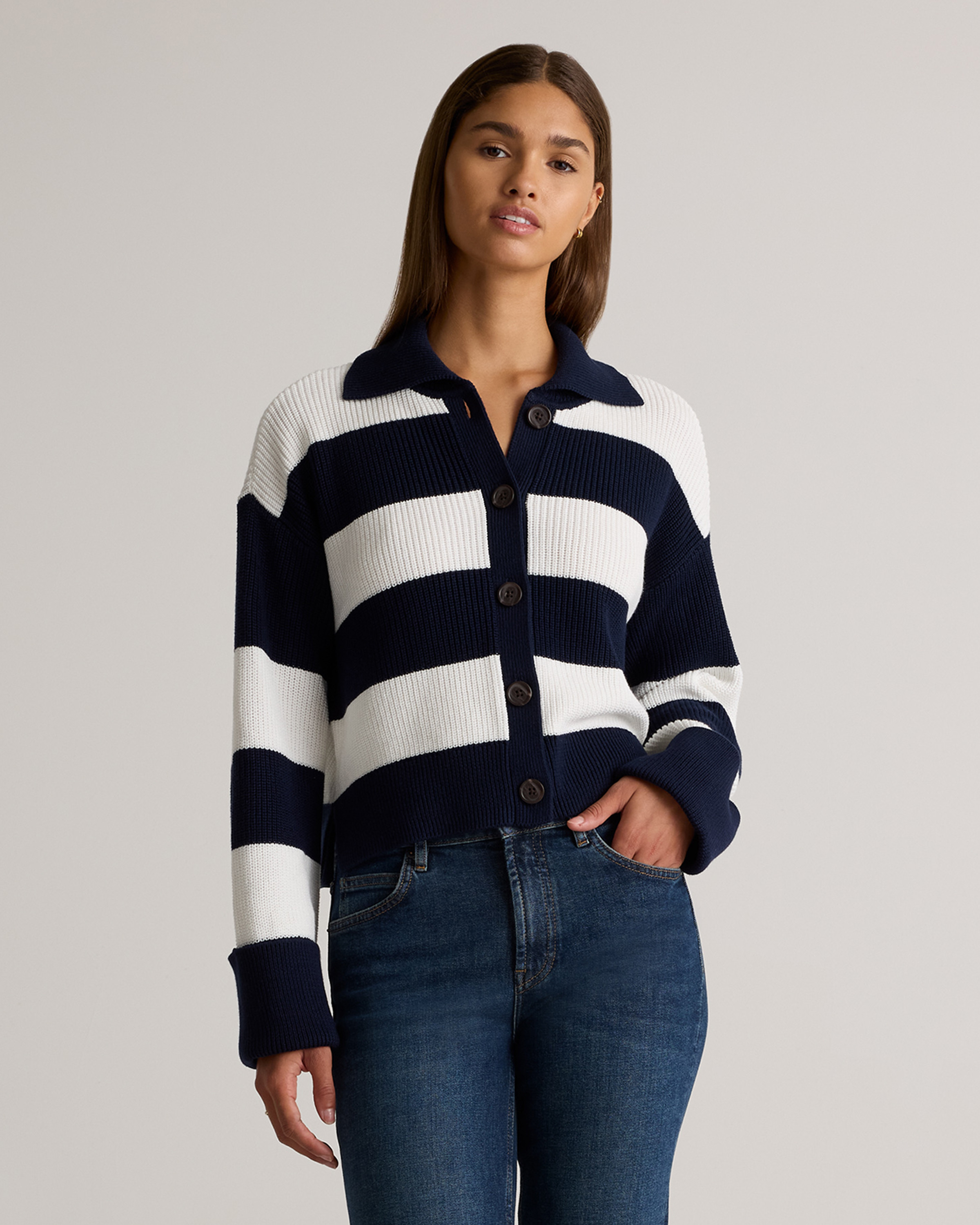 Quince | Women's Fisherman Collared Cardigan Sweater in Navy/White, Size Medium, Organic Cotton | Quince