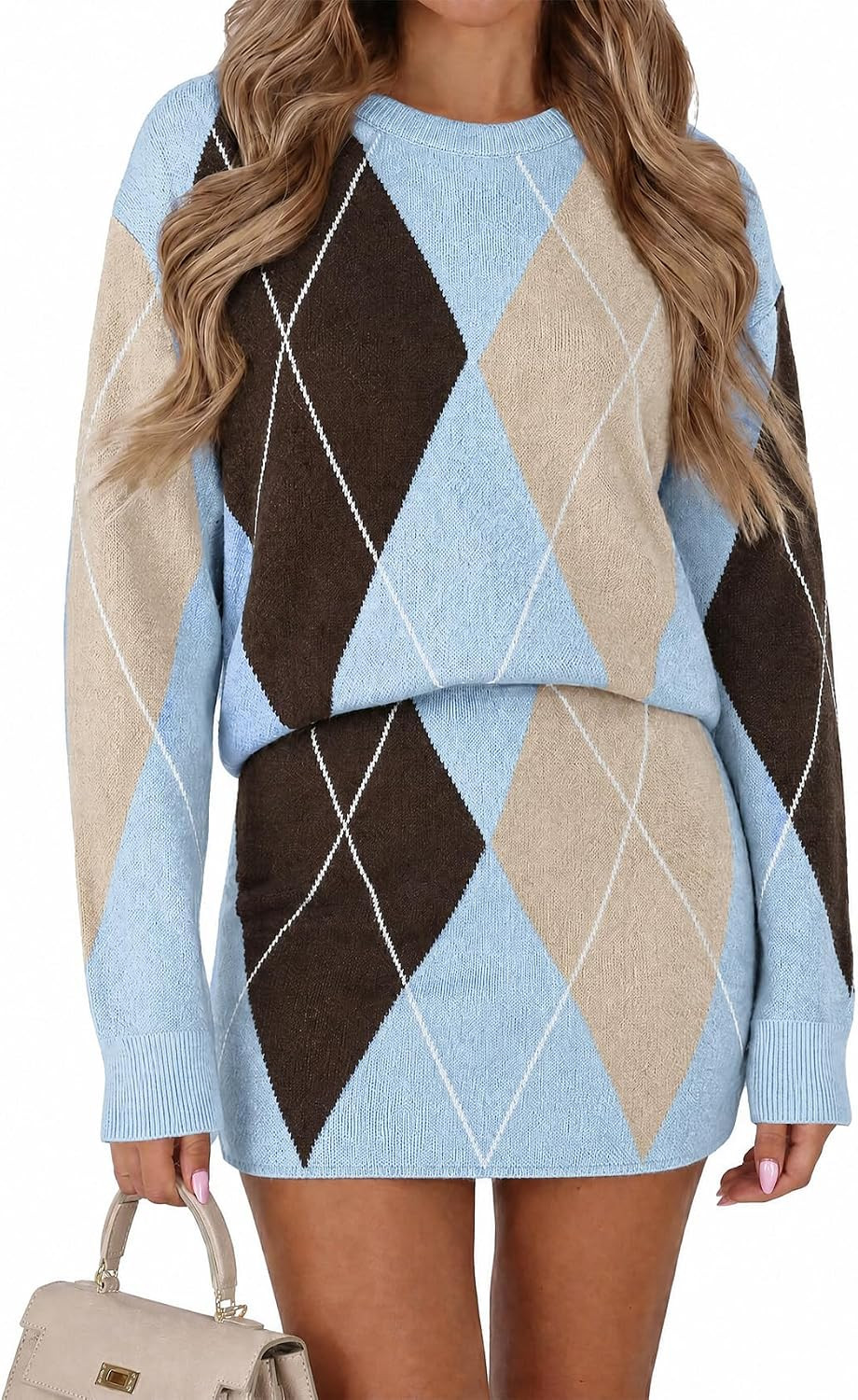 Tankaneo Womens Plaid 2 Piece Skirt Sets Color Block Knit Sweater Sets | Amazon (US)