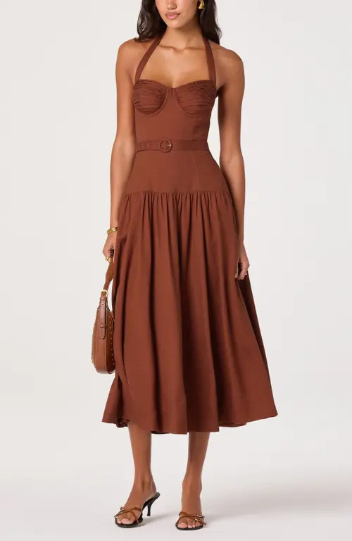 ASTR the Label Katinka Halter Midi Dress in Rust at Nordstrom, Size Large | Nordstrom