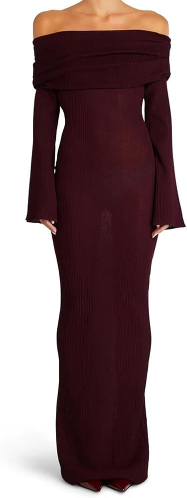 Women's Fall Knitting Dress Long Sleeve Off Shoulder Ruched Maxi Bodycon Cocktail Party Dresses | Amazon (US)