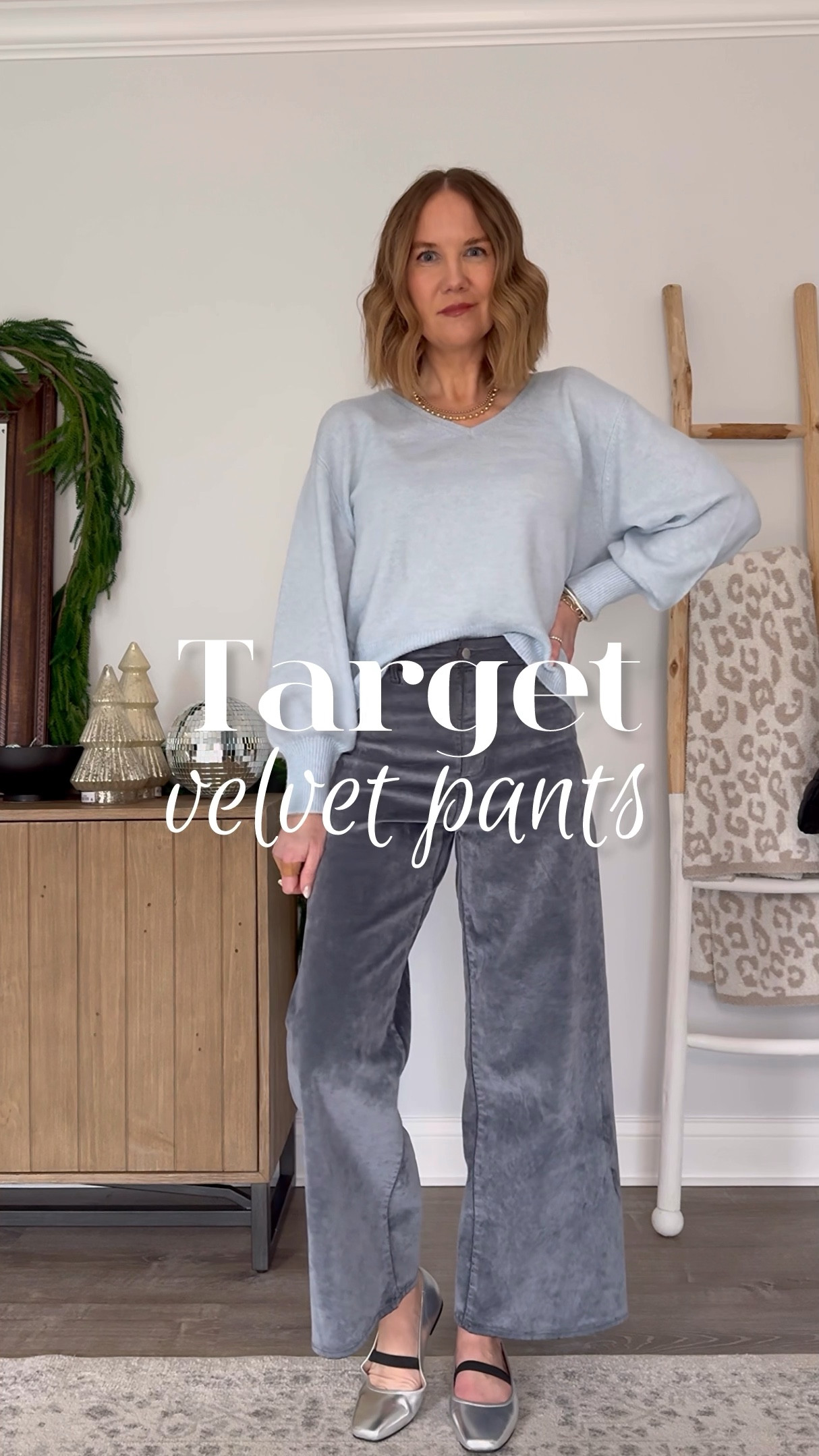 Just in time for the holidays! The famous @target Sailor pants now in velvet🤩  These ultra flattering pants now come in this gorgeous grey velvet and they are so much fun to style! Which is your favorite?!
@targetstyle @targetactually #targetstyle #targetoutfit #targetfind 

Sizing: I’m 5’7” and  about 135lbs and I sized up one size to a 6.

Target style, Target outfit, holiday outfit, what to wear, how to style, over 40 fashion, inclusive fashion, classic style, comfy chic, wide leg pants, workwear, holiday party outfit, winter style, winter outfit 

#LTKHoliday #LTKOver40 #LTKWatchNow
