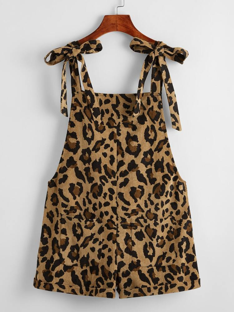 SHEIN Leopard Print Knot Shoulder Patch Pocket Cord Overall Shorts | SHEIN