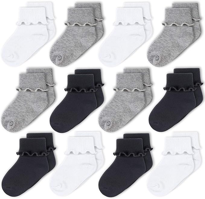 CozyWay Baby Girls Socks 6/12 Pack Ruffle Ripple Edge Turn Cuff Ankle Socks Toddlers Infants 0-12... | Amazon (US)