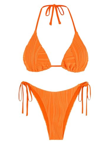 ZAFUL Bikini Sets for Women Halter Two Piece Swimsuit Ribbed High Cut Tie Side Thong Bathing Suit... | Amazon (US)