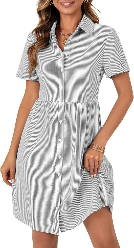 Rooscier Women's Striped Shirt Dress Button Down Collared Short Sleeve Mini Dress | Amazon (US)