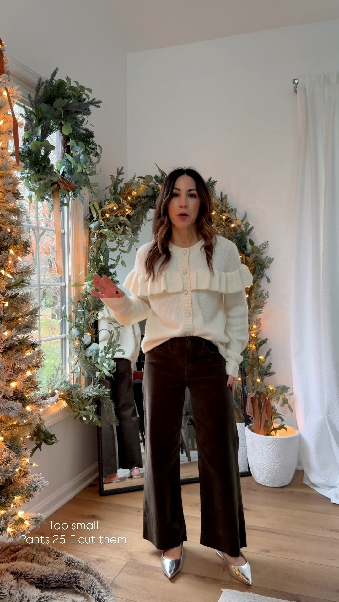 Small ruffle sweater, 25 corduroy pants. I cut them. Shoes TTS.

#LTKFindsUnder100 #LTKCyberWeek #LTKSaleAlert