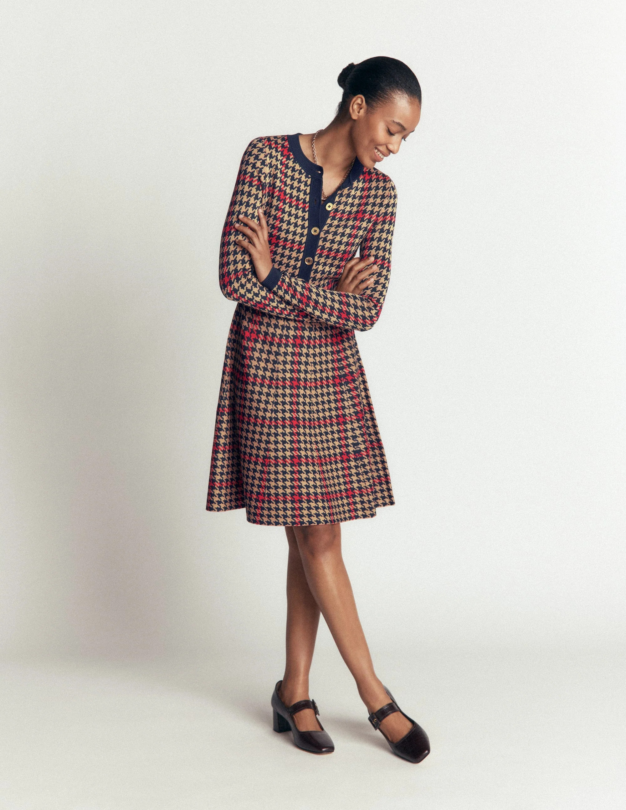 Crew Neck Jacquard Dress-Navy, Camel, Red Check | Boden (US)