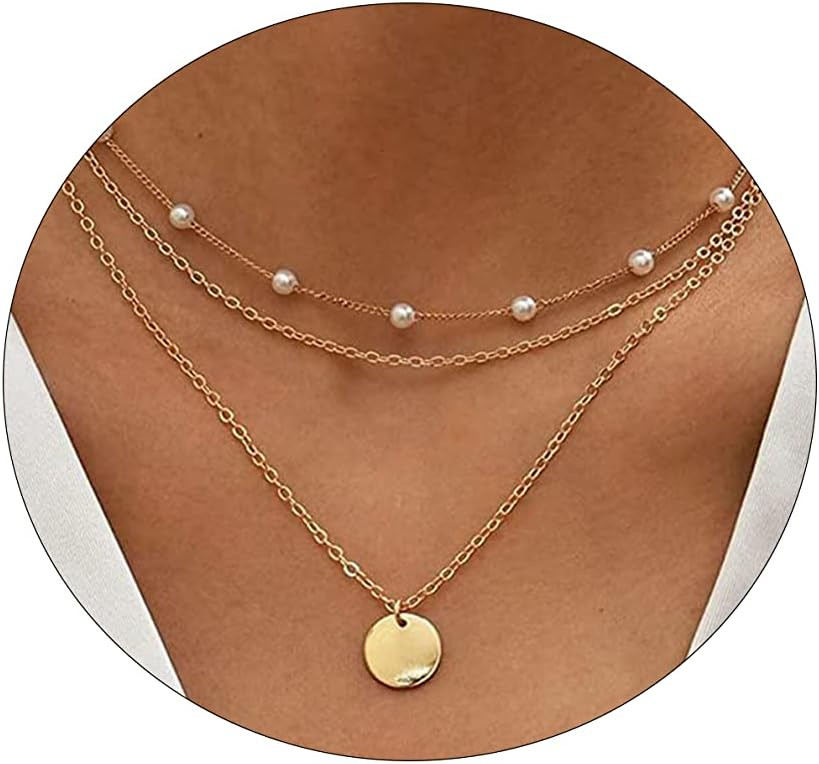 VIROMY Dainty Gold Necklace for Women 14K Gold Plated Layered Satellite Necklaces Trible Layering... | Amazon (US)