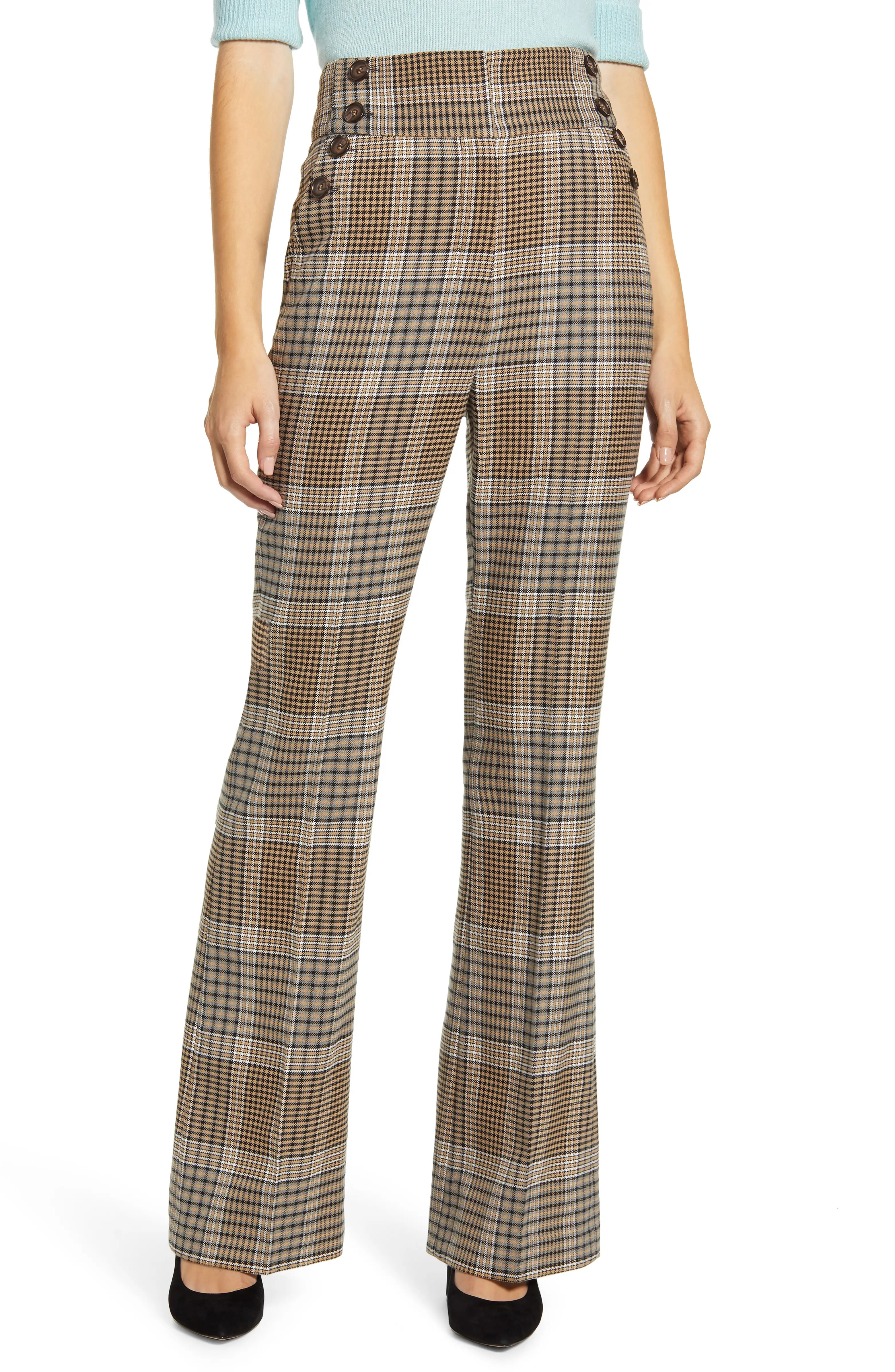 x Atlantic-Pacific Button Detail Plaid Flare Pants | Nordstrom