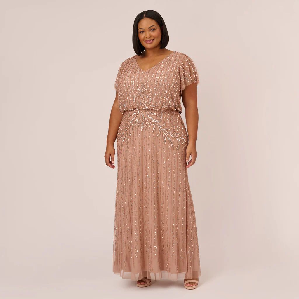 Plus Size Fleur Beaded Blouson Gown With Sheer Short Sleeves In Rose Gold | Adrianna Papell