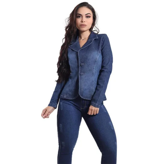 Kit 1 Blazer Jeans Ccom Licra + 1 Calça Skinny Feminina Jeans Com Licra 3 Puido - Azul Escuro | Zattini (BR)