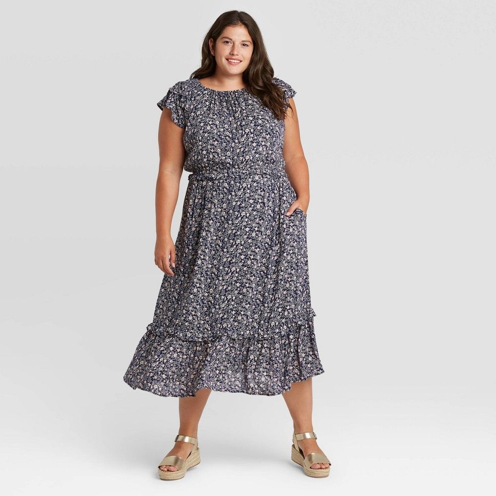 Women's Plus Size Floral Print Flutter Short Sleeve Dress - Universal Thread Navy 1X, Blue | Target