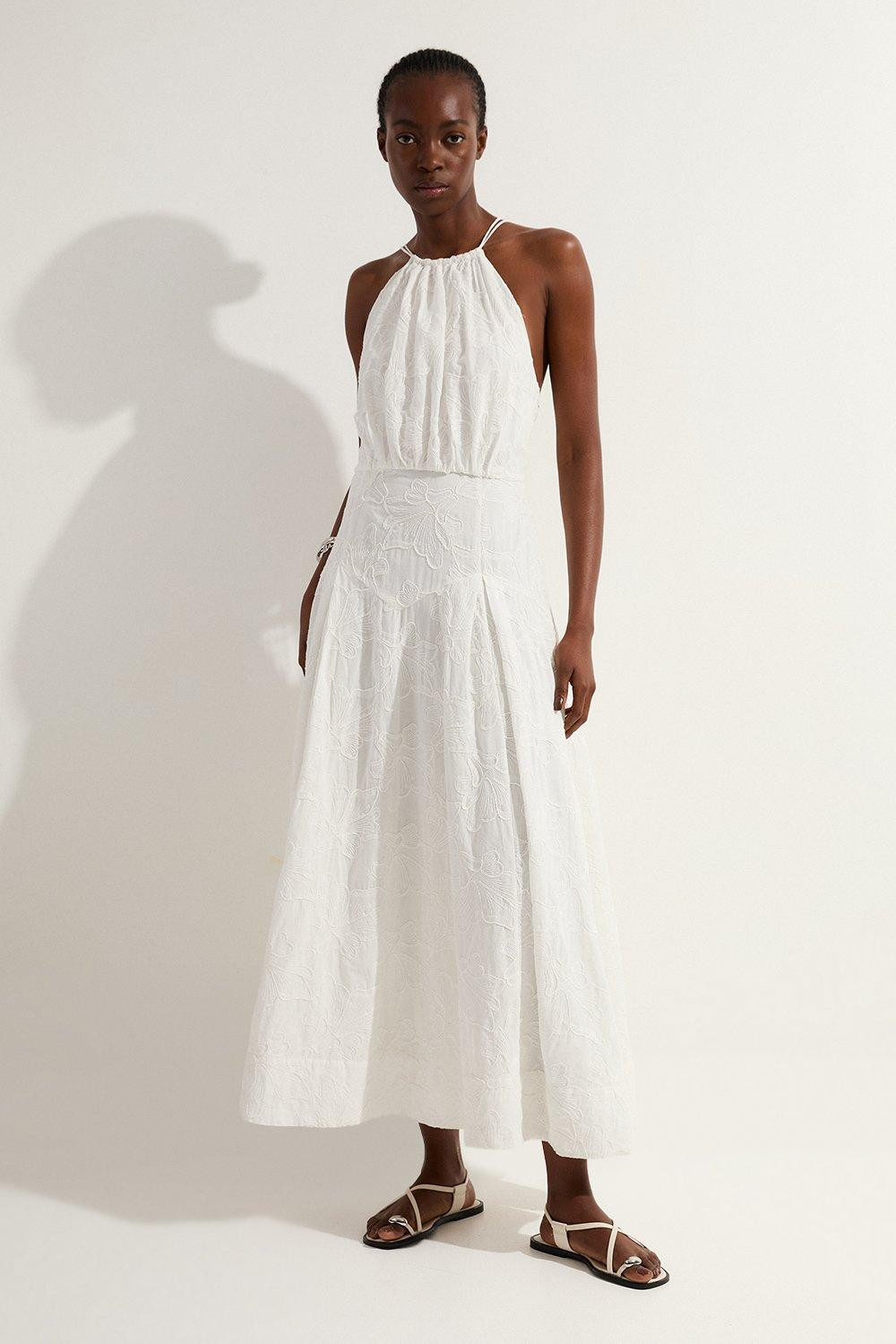Cotton Broderie Strappy Halter Neck Woven Maxi Dress | Karen Millen | Karen Millen UK + IE + DE + NL