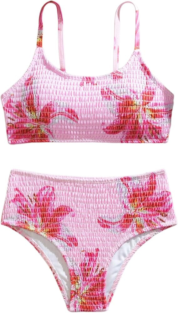 RoseSeek Girl's 2 Piece Floral High Waisted Swimsuit Smocked Wireless Bathing Suit Boho Holiday B... | Amazon (US)