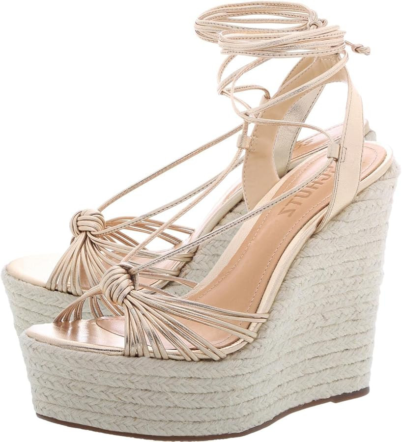 Schutz Nisal Light Gold Lace-up Espadrille Metallic Wedge Sandals | Amazon (US)