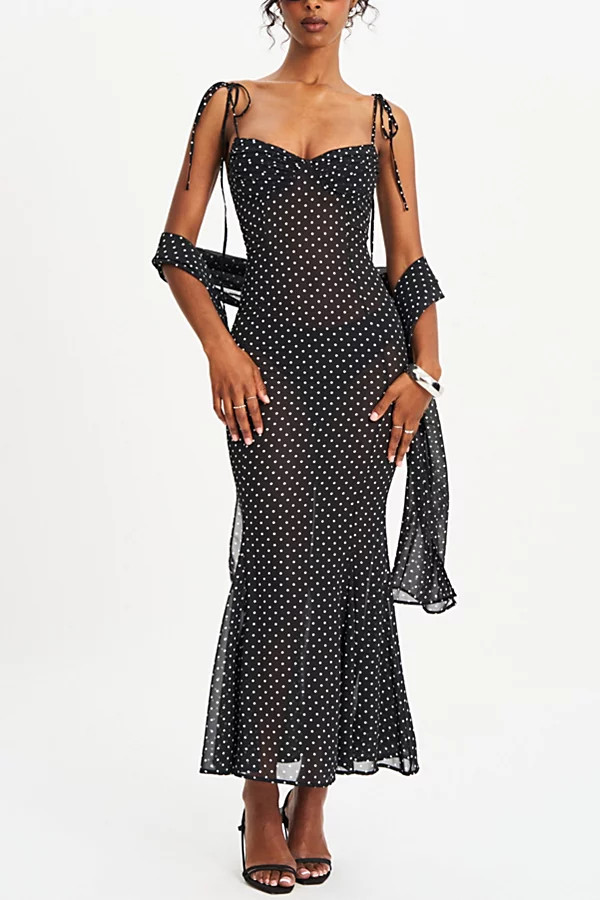 Miss Circle Yadira Mesh Chiffon Polka Dot Dress in Black, Women's at Urban Outfitters | Urban Outfitters (US and RoW)