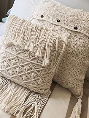 Boho Throw Pillows Macrame Pillow Tassel Handmade Knit Pillowcases Floor Cushion 15.7in15.8in (Ta... | Amazon (US)