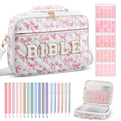 Sinload Quilted Bible Cover Case for Women 12 x 9 x 2.5 Inch Bible Chenille Letter Bag with Shoulder Strap Carrying Tabs 6 Colored Pens 12 Highlighters Christian Church Study Gifts(Pink,Love Bow) | Amazon (US)