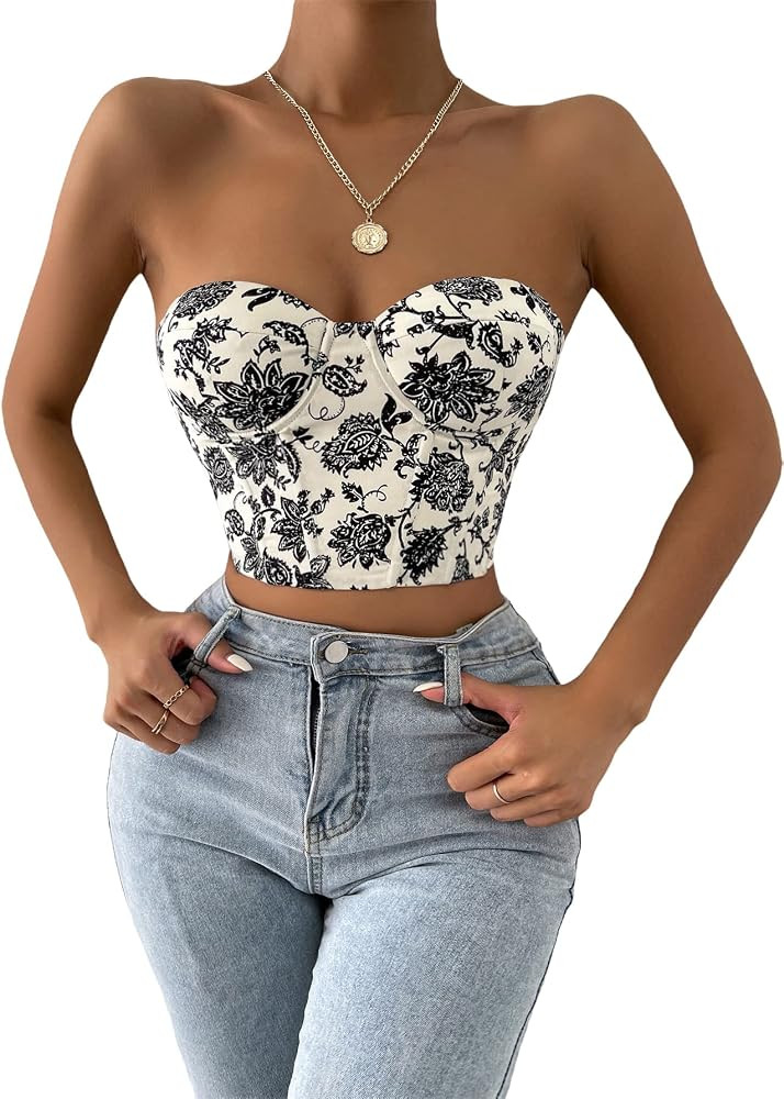SOLY HUX Women's Casual Floral Print Lace Up Back Sleeveless Strapless Bandeau Tube Crop Corset T... | Amazon (US)
