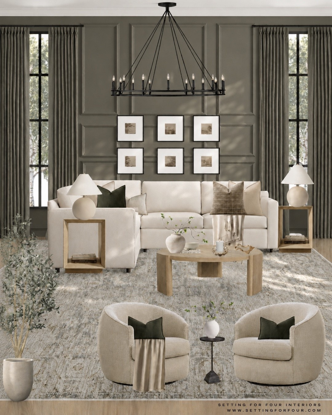 Neutral and cozy living room. Great room, living room chandelier, pillows, vase, coffee table decor, sectional sofa, swivel chairs, round coffee table, wood, marble, Loloi area rug, pillow, throw blanket, olive tree, planter, gallery wall, wall art, picture frames, end table, table lamp, Pottery Barn style, Crate & Barrel style, Amazon home, Arhaus, green, beige and brown, aesthetic

#LTKhome #LTKsale #LTKfamily
