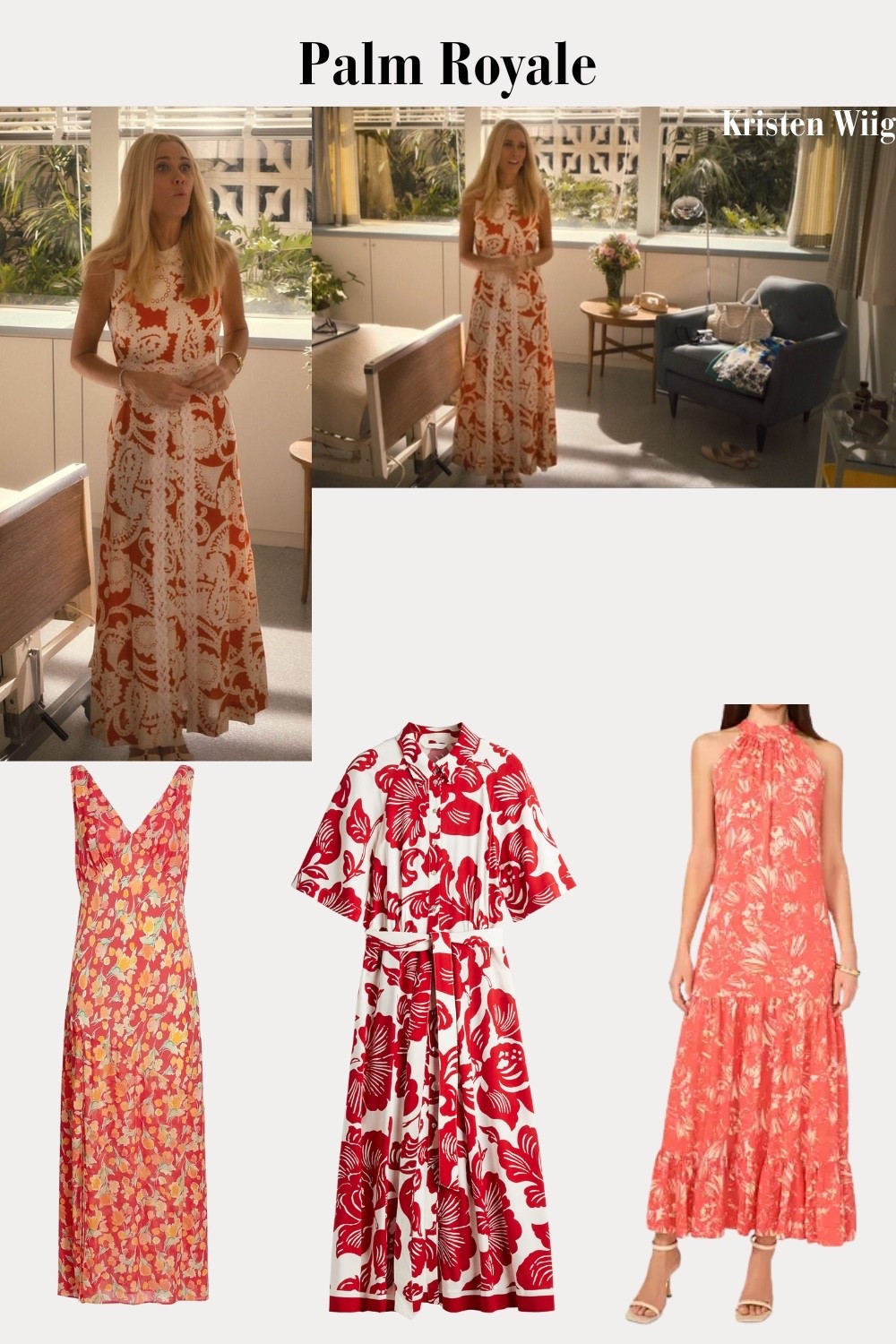 Maxine Simmons Outfit 1 Episode 9 - Maxine in a red and white pattern maxi dress.