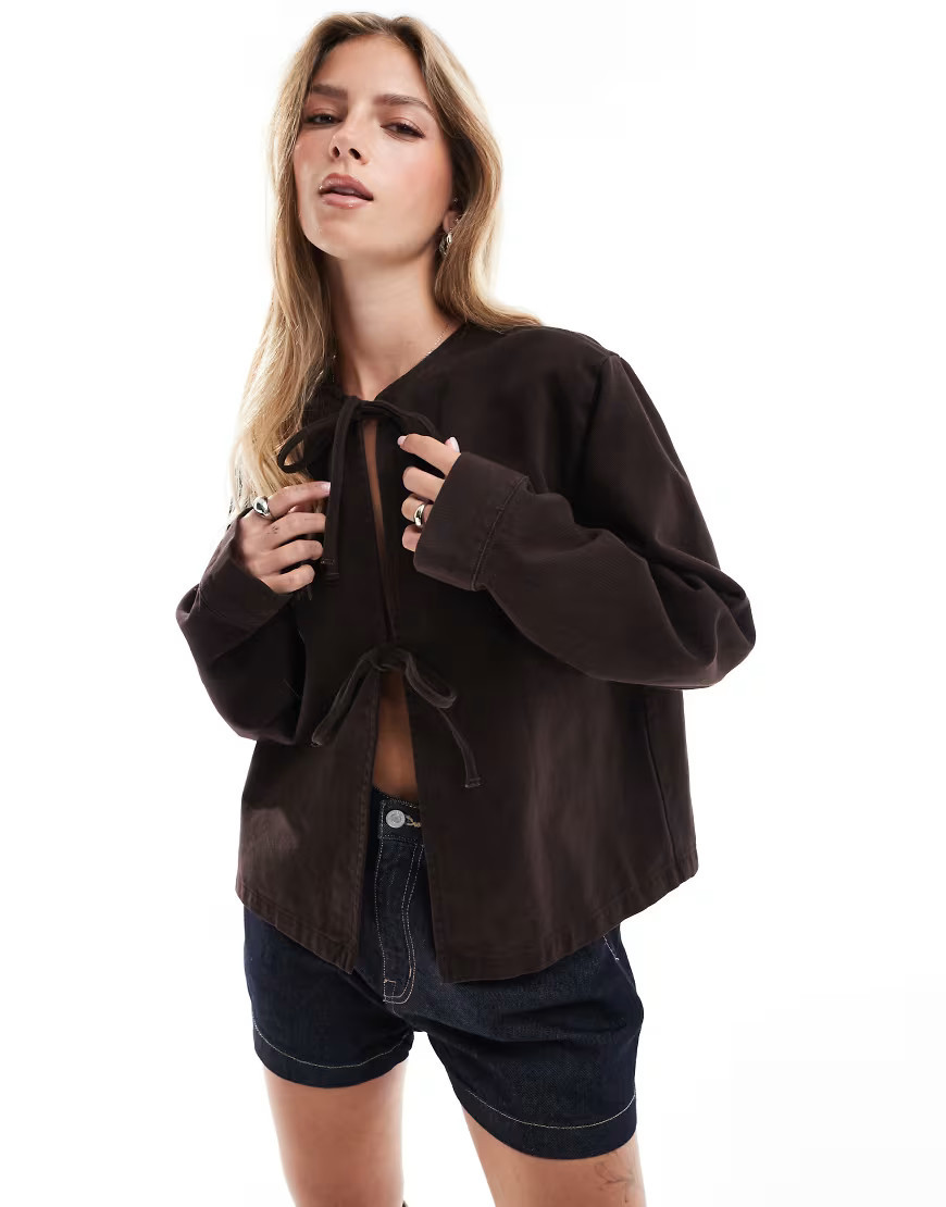 ASOS DESIGN denim long sleeve tie front in brown | ASOS (Global)