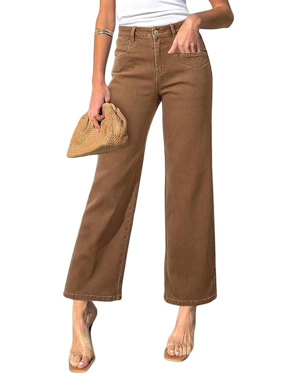 Sidefeel Women's Wide Leg Jeans High Waisted Stretchy Jeans Straight Leg Zimbaplatinum Ankle Deni... | Amazon (US)