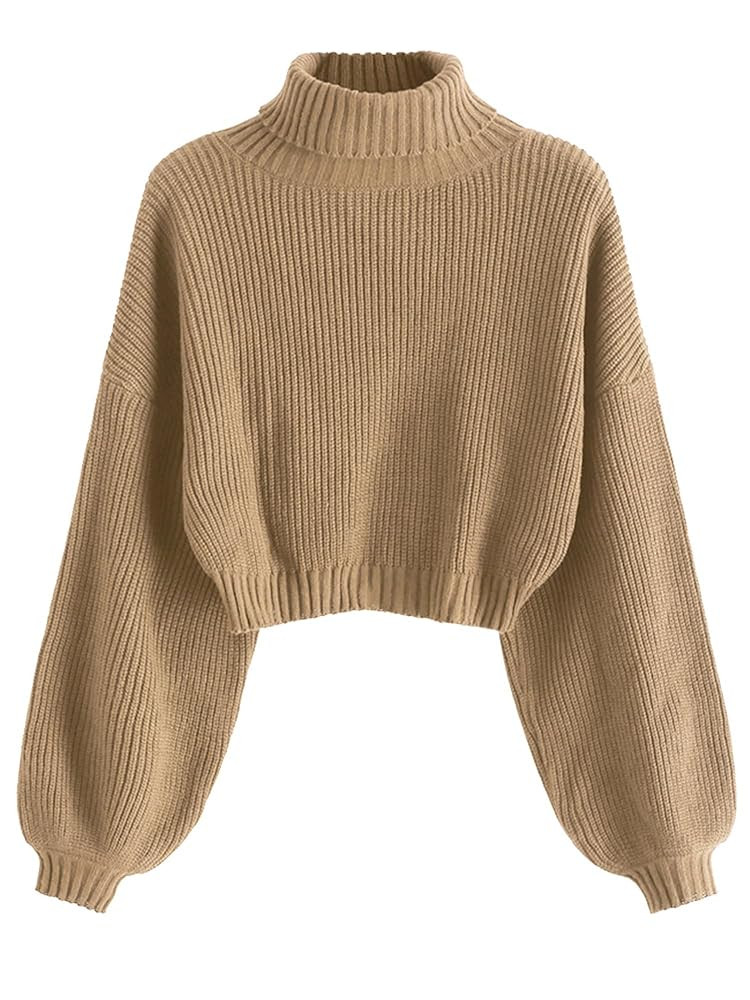 ZAFUL Women's Cropped Turtleneck Sweater Lantern Sleeve Ribbed Knit Pullover Sweater Jumper | Amazon (US)