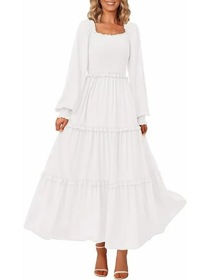 PRETTYGARDEN Women's Smocked Spring Maxi Dress Casual Fall Long Sleeve Square Neck Tiered A Line ... | Walmart (US)