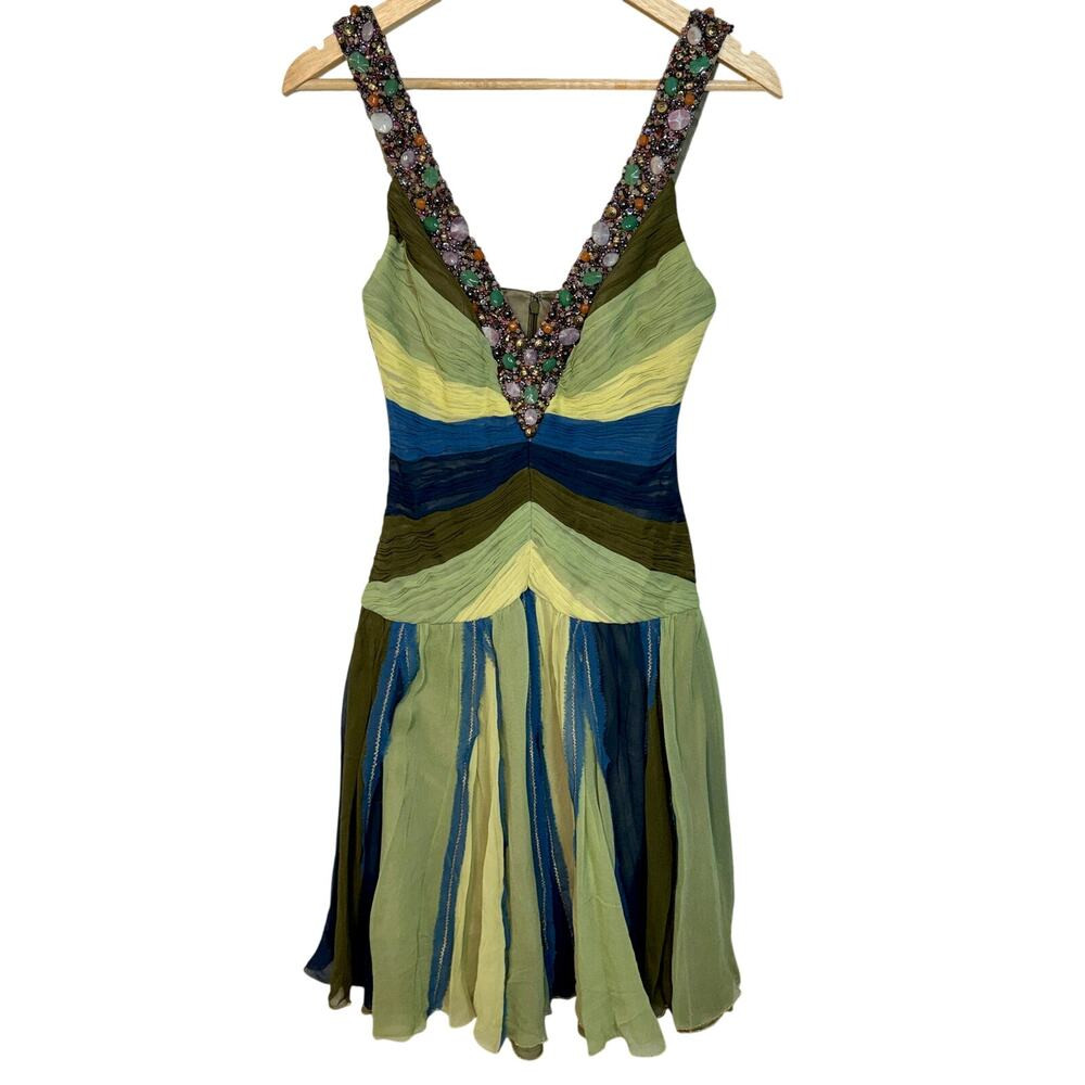 NWT Mandalay Quartz Green Blue Silk Beaded Sequin Midi Evening Gown Dress Size 6 | Poshmark