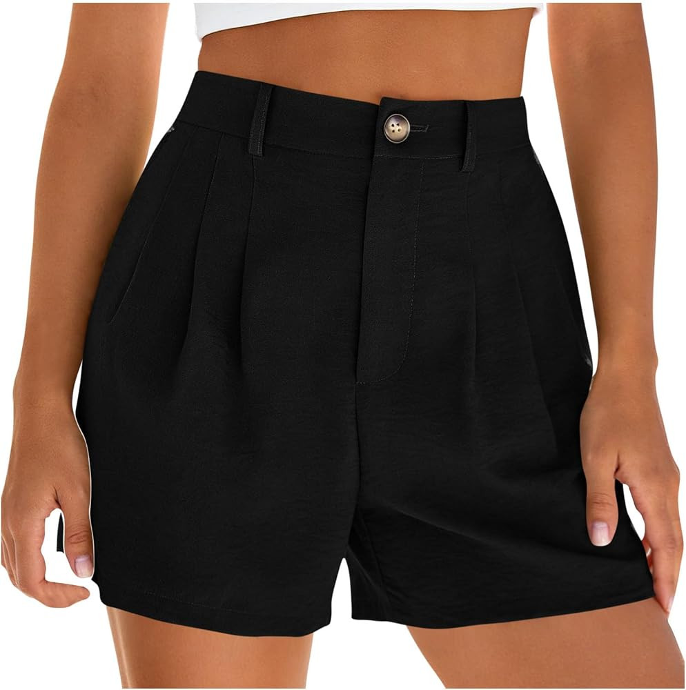 Womens Casual Pleated Linen Shorts Dressy Business Work Shorts Button Elastic High Waisted Short ... | Amazon (CA)