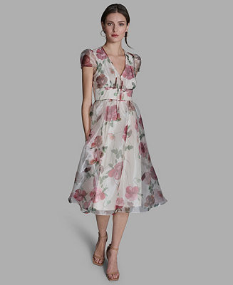 Women's V-Neck Organza Floral Fit-and-Flare Midi Dress | Macy's